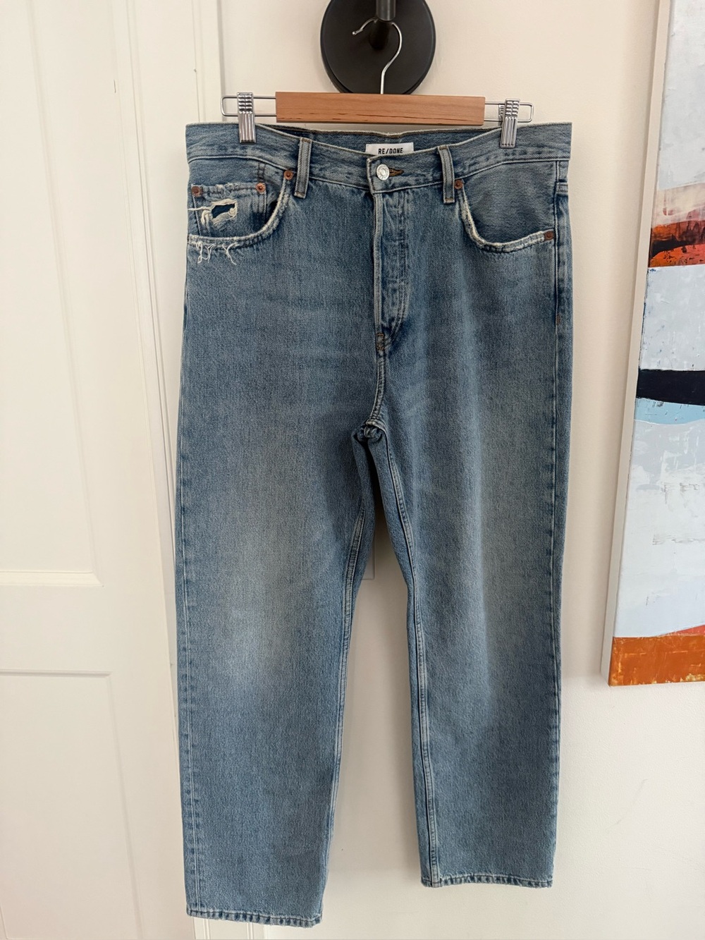 Redone  Blue Straight-Leg Jeans with  distressing.